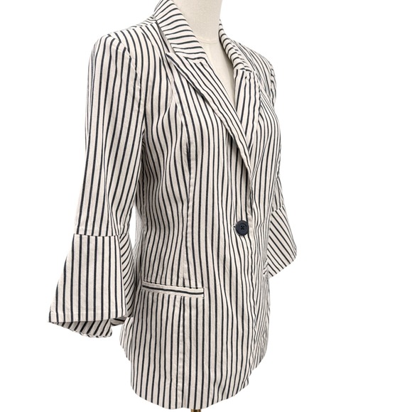 Cabi Women's  Jacket Bell Sleeve Striped Single Button Blazer Navy White Size 8 - Picture 5 of 8